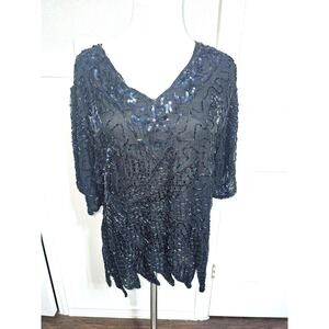 MARK & JOHN BY GOPAL Women Top Size Medium Black w/Beads & Sequins Silk 100%